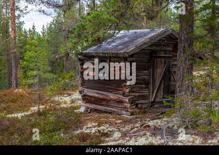 Ancienne petite maison à colombages dans la forêt profonde dans le Nord de la Suède. Banque D'Images
