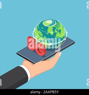 Télévision 3D isométrique businessman hand holding smartphone avec monde et 5G signe. La technologie sans fil 5G network concept. Illustration de Vecteur