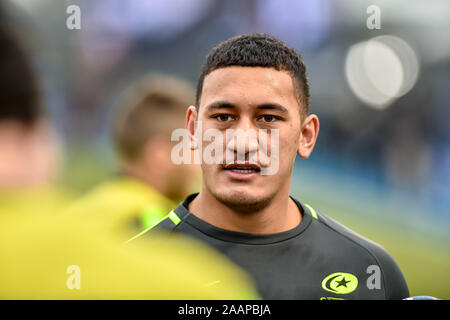 Londres, Royaume-Uni. 23 Nov, 2019. Manu Vunipola des Sarrasins au cours du match de Coupe des Champions d'Europe de Rugby entre sarrasins et Ospreys à l'Allianz Park, Londres, Angleterre le 23 novembre 2019. Photo par Phil Hutchinson. Usage éditorial uniquement, licence requise pour un usage commercial. Aucune utilisation de pari, de jeux ou d'un seul club/ligue/dvd publications. Credit : UK Sports Photos Ltd/Alamy Live News Banque D'Images