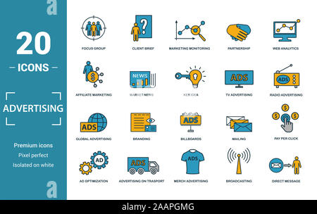 L'icône de la publicité. Inclure des éléments créatifs, groupes de discussion, de suivi marketing affiliate marketing, télévision , la publicité mondiale d'icônes. Peut être utilisé pour Banque D'Images