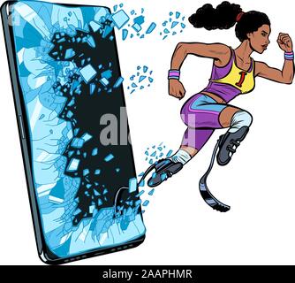 African woman runner avec une prothèse de jambe handicapée gadget Téléphone smartphone. Programme de services d'application Internet en ligne Illustration de Vecteur