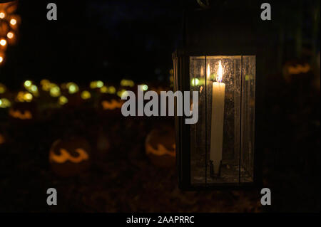 Old-fashioned, éclairé aux bougies, lanternes allumées et sculpté avec des citrouilles d'Halloween dans l'arrière-plan Banque D'Images