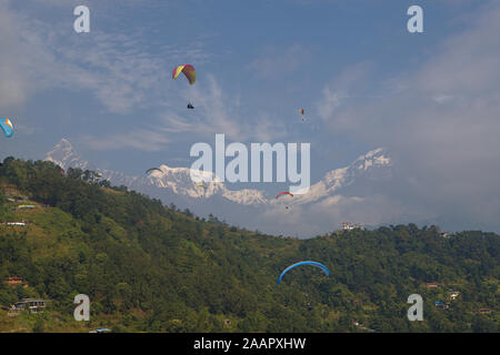 Parachute sur pokhara en vue de l'Annapurna Banque D'Images