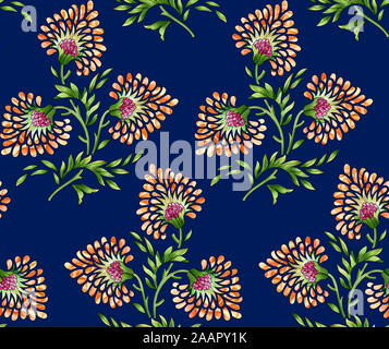 Motif floral de mughal transparent avec fond bleu Banque D'Images