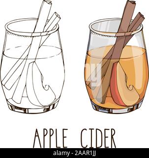 Ensemble de la main d'images vectorielles isolé sur fond blanc. Cidre de pomme aux épices et fruits. Boisson d'hiver chaud populaires. Cocktail de Noël. Illustration de Vecteur