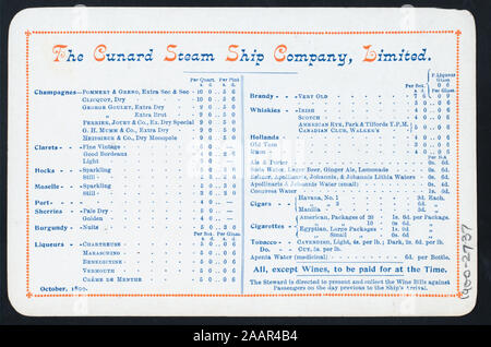 Le dîner (organisé par CUNARD LINE) (at) RMS LUCANIA (SS) ; LOGO STEAMSHIP EN HAUT DU MENU ; PRIX DU VIN, l'alcool, DU TABAC LISTE SUR L'ARRIÈRE DU MENU ; 1900-2737 ; le dîner [lieu] par [at] CUNARD R.M.S. LUCANIA (SS) ; Banque D'Images