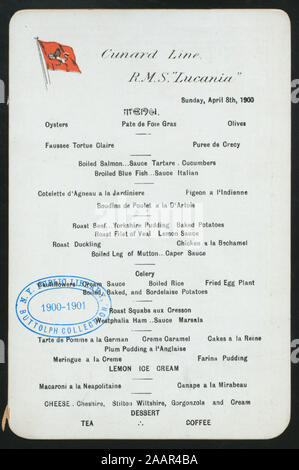 Le dîner (organisé par CUNARD LINE) (at) RMS LUCANIA (SS ;) STEAMSHIP LINE LOGO EN HAUT DU MENU ; vin, spiritueux et PRIX LISTE DU TABAC À L'ARRIÈRE DU MENU ; 1900-2726 ; le dîner [lieu] par [at] CUNARD R.M.S. LUCANIA (SS) ; Banque D'Images