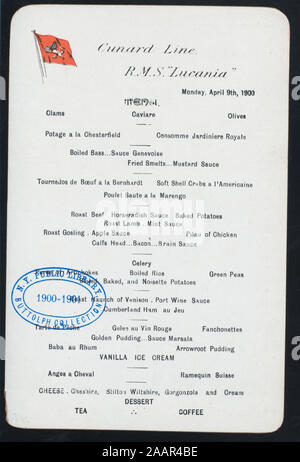 Le dîner (organisé par CUNARD LINE) (at) RMS LUCANIA (SS) ; LOGO STEAMSHIP EN HAUT DU MENU ; PRIX DU VIN, l'alcool, DU TABAC LISTE SUR L'ARRIÈRE DU MENU ; 1900-2737 ; le dîner [lieu] par [at] CUNARD R.M.S. LUCANIA (SS) ; Banque D'Images