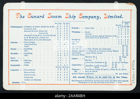 Le dîner (organisé par CUNARD LINE) (at) RMS LUCANIA (SS ;) STEAMSHIP LINE LOGO EN HAUT DU MENU ; vin, spiritueux et PRIX LISTE DU TABAC À L'ARRIÈRE DU MENU ; 1900-2726 ; le dîner [lieu] par [at] CUNARD R.M.S. LUCANIA (SS) ; Banque D'Images