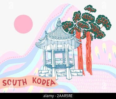 Illustration du paysage coréen avec bâtiment, arbres, montagne, soleil et rose part inscription lettrage - Corée du Sud. Illustration de Vecteur