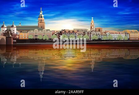 Résumé Contexte Le lever du soleil de printemps avec ciel bleu et panorama de Heidelberg Illustration de Vecteur