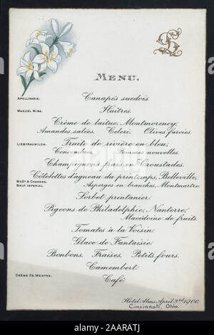 Le dîner (organisé par l'hôtel) l'Aumône (at) Cincinnati, OH (hôtel) ; MENU FRANÇAIS VINS;PEUT-ÊTRE D';occasion;LILLIES;MONOGRAMME ; dîner [détenus par] HÔTEL ALMS [at] Cincinnati, OH (hôtel) ; Banque D'Images