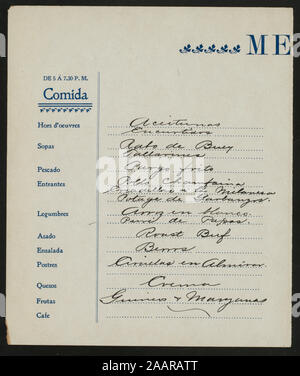 Le dîner (organisé par l'hôtel) AMÉRIQUE (at) PLACE IRVING ET 15TH STREET, NEW YORK, NY (Hotel) MENU EN ESPAGNOL ET EN ANGLAIS ; EN PARTIE MANUSCRITE ; CARTE DES VINS À PRIX ; NOTE AU SUJET D'UNE SUCCURSALE À PARIS 60 RUE LAFAYETTE ; dîner [détenus par] HÔTEL AMERICA [at] PLACE IRVING ET 15TH STREET, NEW YORK, NY (Hotel) Banque D'Images