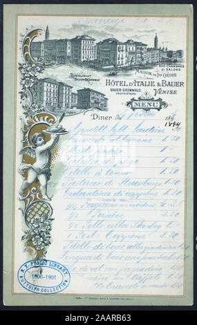 Le dîner (organisé par) L'HÔTEL D'ITALIE & BAUER (at) VENISE, RESTAURANT BAUER-GRUNEWALD (hôtel) ; manuscrits ; très pâle ; (ITALIEN ?) ; DESSIN D'HÔTEL ; vert pâle, CHÉRUBIN ET FLORAL FRONTIÈRE ; LE DÎNER [détenus par] HÔTEL D'ITALIE & BAUER [at] VENISE, RESTAURANT BAUER-GRUNEWALD (hôtel) ; Banque D'Images