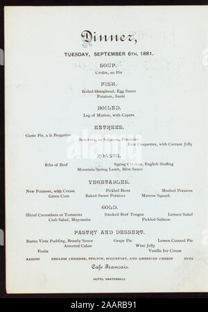 Le dîner (organisé par l'hôtel) (at) KAATERSKILL MONTAGNES CATSKILL NY (Hotel) ; bleu pâle ILLUS D'HÔTEL ; carte des vins ; VÔTRE PHILA BIJOUTIER SUR LE DOS ; le dîner [détenus par] HÔTEL KAATERSKILL [at] MONTAGNES CATSKILL NY (Hotel) Banque D'Images