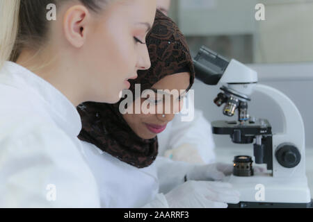 Deux jeunes femmes scientifiques multiethniques faisant des expériences en laboratoire Banque D'Images