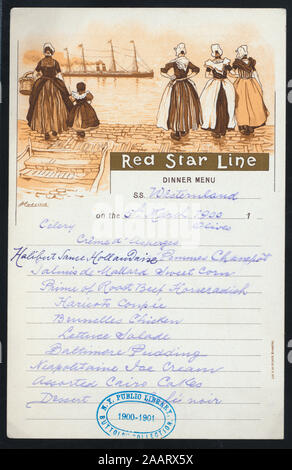 Le dîner (organisé par) RED STAR LINE (at) EN ROUTE À BORD DE SS WESTERNLAND (SS) ; manuscrits ; CARTE DES VINS PRIX EN FRANCS SUISSES AU TAUX DE CHANGE AVEC LES FEMMES ET ENFANTS;DUTCH DRESS LOOKING OUT TO SEA 1900-2320 ; le dîner [détenus par] RED STAR LINE [at] EN ROUTE À BORD DU S.S. WESTERNLAND (SS) ; Banque D'Images