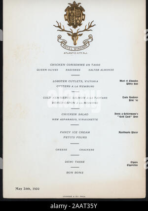 Le dîner (organisé par) HÔTEL WINDSOR (at) ATLANTIC CITY, NJ (Hotel) VINS ÉNUMÉRÉS POUR CHAQUE COURS ; LE DÎNER [détenus par] HÔTEL WINDSOR [at] ATLANTIC CITY, New Jersey. (HOTEL) Banque D'Images