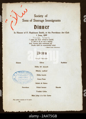 Dîner en l'HONNEUR DE F HOPKINSON SMITH (détenu par la société) DE FILS D'IMMIGRANTS l'entrepont (at) PROVIDENCE ART CLUB, RHODE ISLAND (AUTRES (club privé) ;) MENU SEMBLE ÊTRE principalement le turc ou l'arabe ; le dîner en l'HONNEUR DE F. HOPKINSON SMITH [détenus par la société] DE FILS D'IMMIGRANTS l'entrepont [at] PROVIDENCE ART CLUB, RHODE ISLAND (AUTRES (club privé) ;) Banque D'Images