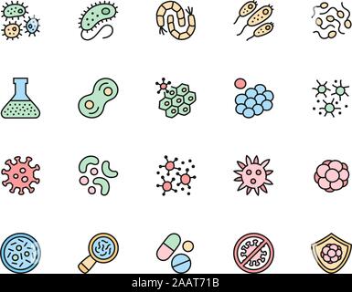 Ensemble de bactéries et virus couleur Ligne d'icônes. Microbe, bactérie, cellule, Caviar et plus Illustration de Vecteur