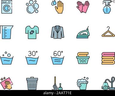 Ensemble de lavage et de nettoyage de ligne de couleur des icônes. Lave-linge, Support et plus encore. Illustration de Vecteur