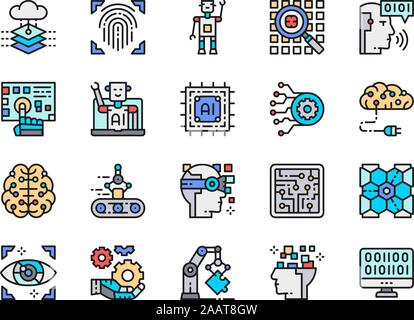 Jeu de l'Intelligence Artificielle Couleur Ligne d'icônes. Engineering, convoyeur, Big Data Illustration de Vecteur