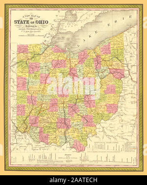 Carte antique de l'Ohio, 1850, une reproduction, montrant des comtés, des chemins de fer, et des informations sur les canaux. Inclut des profils du canal de Miami et l'Ohio et le canal Érié. Banque D'Images