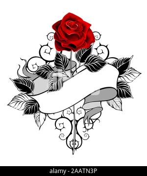 Rose rouge tout droit avec bud, tige, feuilles, noir orné de ruban dans le style de tatouage sur fond blanc. Illustration de Vecteur