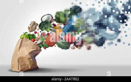 L'épicerie en ligne et du commerce électronique et de l'alimentation commande concept produits par l'intermédiaire d'un app avec 3D illustration éléments. Banque D'Images