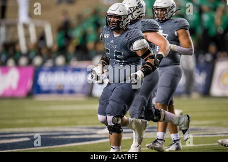 Houston, TX, USA. 23 Nov, 2019. Les hiboux de riz Brian Chaffin (65) célèbre une victoire au 4e trimestre de la NCAA football match entre la North Texas Mean Green et le Riz Le riz à chouettes Stadium à Houston, TX. Le riz a gagné le match 20 à 14.Trask Smith/CSM/Alamy Live News Banque D'Images