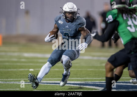 Houston, TX, USA. 23 Nov, 2019. Les hiboux de riz d'utiliser de nouveau Nahshon Ellerbe (9) porte la balle au cours du 4e trimestre d'une NCAA football match entre la North Texas Mean Green et le Riz Le riz à chouettes Stadium à Houston, TX. Le riz a gagné le match 20 à 14.Trask Smith/CSM/Alamy Live News Banque D'Images