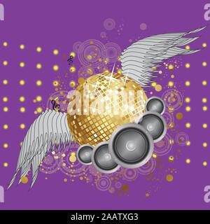 La musique de fond avec boule disco or mousseux avec des ailes. Illustration de Vecteur