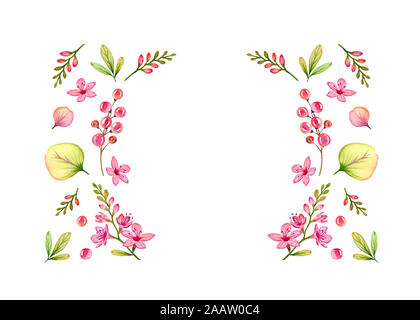 Petite aquarelle fleurs, feuilles et branches disposées en forme arrondie. Floral mignon illustration isolé sur blanc. hand drawn floral background pour Banque D'Images