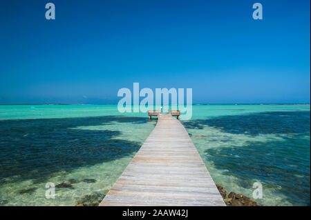 Perspective de diminution de l'embarcadère de Lac Bay contre ciel bleu clair à Bonaire, Antilles néerlandaises Banque D'Images