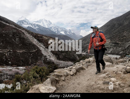 Randonnée femme le camp de base de l'Everest trek près de Dingboche, Himalaya, Solo Khumbu, Népal Banque D'Images