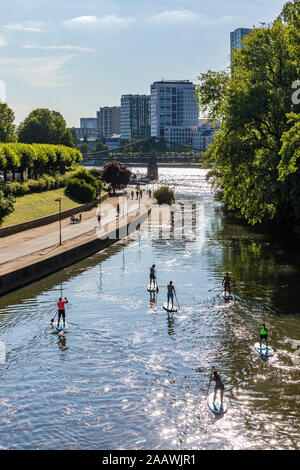 Portrait de personnes paddleboarding sur river à Francfort, Allemagne Banque D'Images