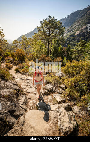 Female hiker lors de randonnée au vallée du Tavignano, Corte, Haute-Corse, Corse, France Banque D'Images