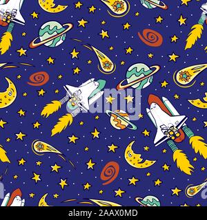 Bleu vecteur navette spatiale en orbite avec des étoiles, la lune et la comète de répétition. Super pour les enfants les muraux et de papier d'emballage ou de tissu. Illustration de Vecteur