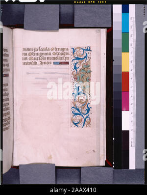 Dans la liste explicite de Ricci, Seymour, recensement des manuscrits du Moyen Âge et de la Renaissance dans les États-Unis et le Canada. New York. N.Y. : H.W. Wilson, 1935 ; et garanti, New York, N.Y. : Bibliographical Society of America, 1962. Actionnariat : effacé l'inscription à la fin : Ces présente les heures appartiennent. . . Fille. . . Breton 1696. Dernière appartenait à Sir Alexander Campbell. R.L. Stuart collection, léguée en 1892. De Ricci dates cet au 15ème siècle, M. Guest à la seconde moitié du 15e siècle. De Ricci, 1322. Tableau par M. G.B. Guest. Miniatures. Frontières ont souvent grotesque d'un animal ou d'un fi Banque D'Images