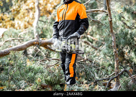 Portrait d'un marchand de vêtements de protection professionnelle dans l'exploitation forestière avec tronçonneuse dans la forêt de pins, close-up avec la face coupée Banque D'Images