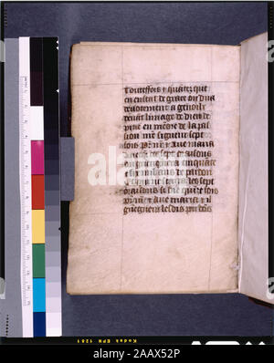 La partie de texte explicite ; en français répertoriés dans De Ricci, Seymour, recensement des manuscrits du Moyen Âge et de la Renaissance dans les États-Unis et le Canada. New York. N.Y. : H.W. Wilson, 1935 ; et garanti, New York, N.Y. : Bibliographical Society of America, 1962. Actionnariat : R.L. Stuart collection (no. 13857), léguée en 1892. 1- et 2- line gold initiales sur les champs rouge et bleu. 4-line rouge et bleu initiales sur les champs d'or. Décorations de la frontière. Rubriques. Rouge, bleu et or. linefillers Daubs jaune comme placemarkers. Style différent etc. initiale ff. 147v et suivants. 14 longues lignes par page (17 lignes en c Banque D'Images