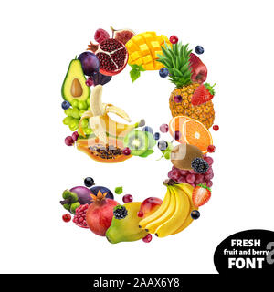 Numéro neuf faits de fruits exotiques et de fruits isolé sur fond blanc Banque D'Images