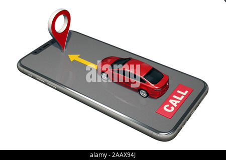 Voiture rouge va au point sur smartphone. Le rendu 3D Banque D'Images
