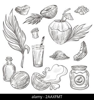 Fruits tropicaux noix de coco, nourriture et boissons, esquisses à l'huile cosmétique Illustration de Vecteur