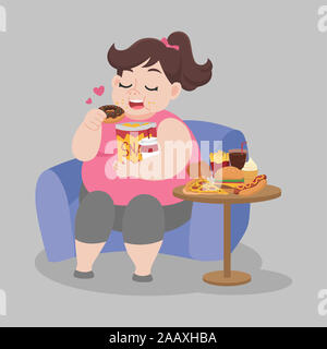 Big Fat Woman aiment manger donut snack-sitting on sofa, nutrition, perdre du poids concept Soins Banque D'Images