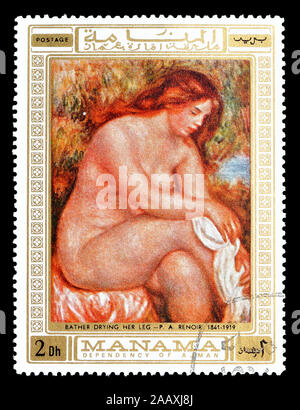 Timbre-poste imprimé par Manama, qui montre la peinture de Renoir, vers 1972. Banque D'Images