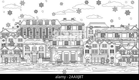 Maisons de neige de Noël Scène Contours coloriage Illustration de Vecteur