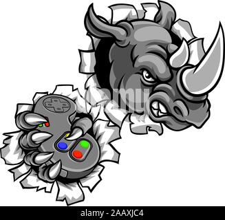 Rhino Gamer Holding Controller Mascot Illustration de Vecteur