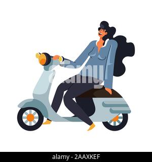 Femme sur un cyclomoteur ou scooter, moto, équitation fille isolée Illustration de Vecteur