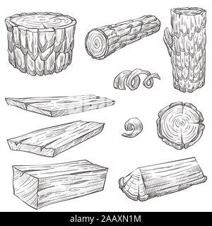 Sciage et de souche, bois et matériaux naturels en bois croquis isolés Illustration de Vecteur